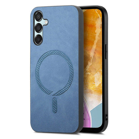 For Samsung Galaxy F15 5G Leather Back Case Compatible with MagSafe Skin-touch Phone Cover - Blue