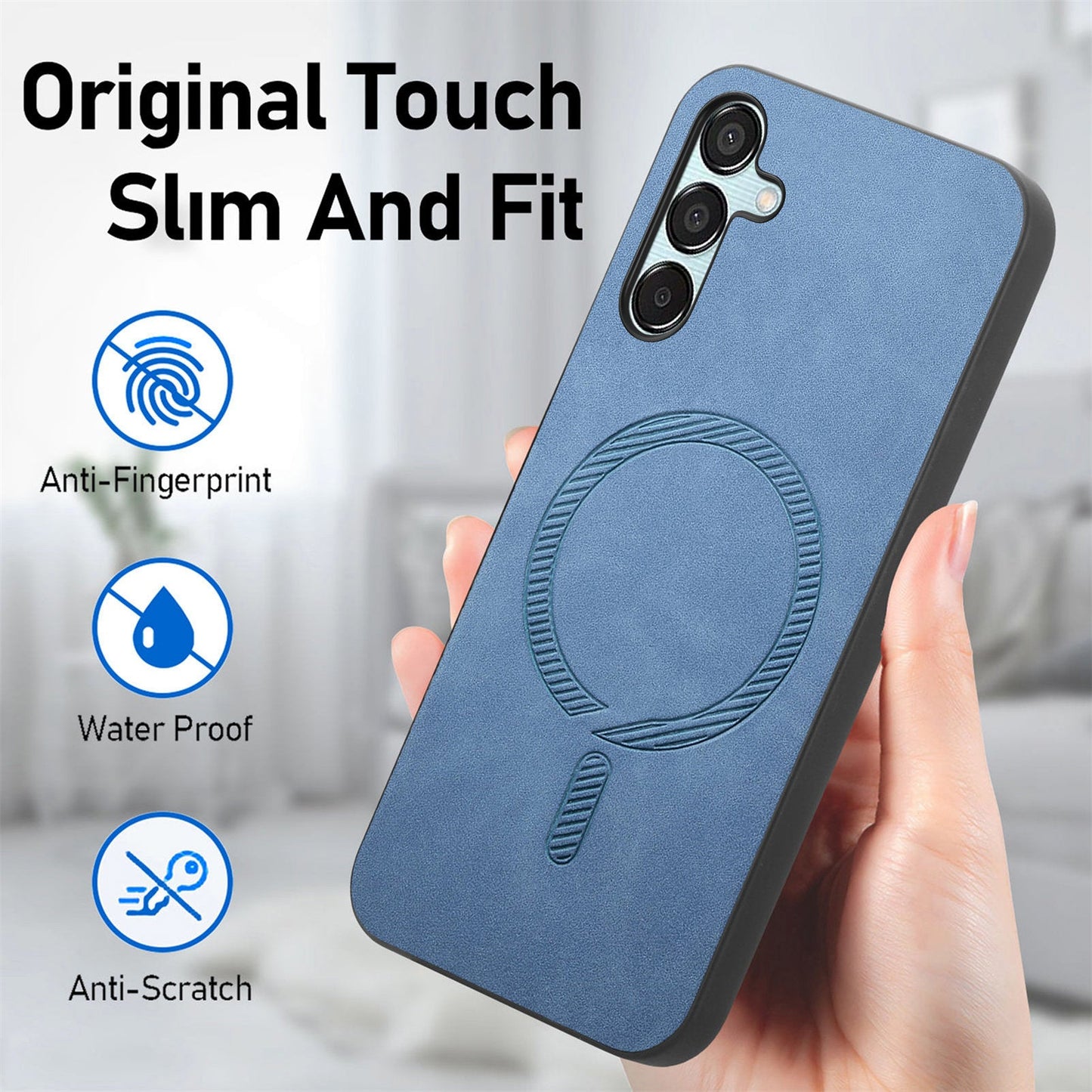 For Samsung Galaxy F15 5G Leather Back Case Compatible with MagSafe Skin-touch Phone Cover - Blue
