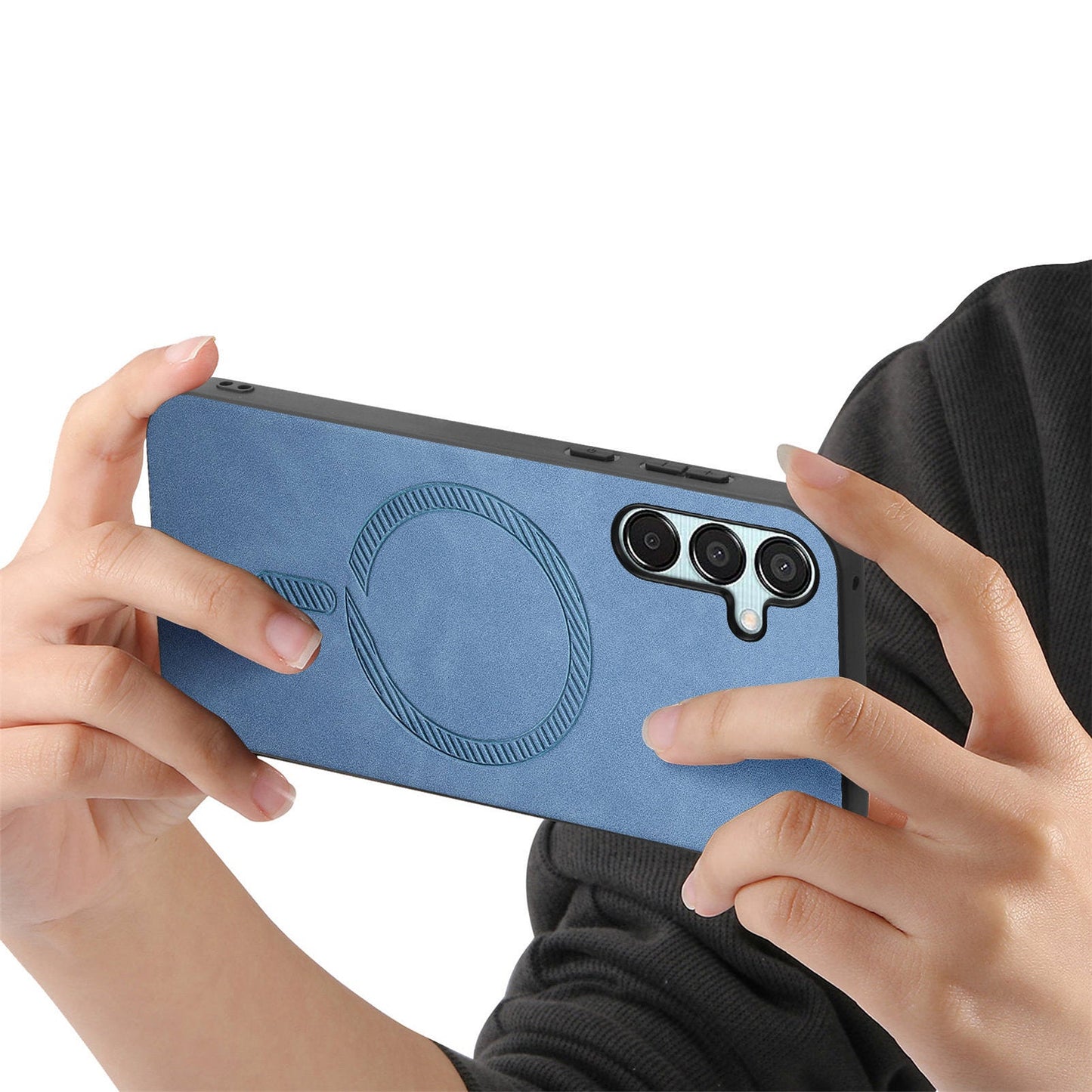For Samsung Galaxy F15 5G Leather Back Case Compatible with MagSafe Skin-touch Phone Cover - Blue