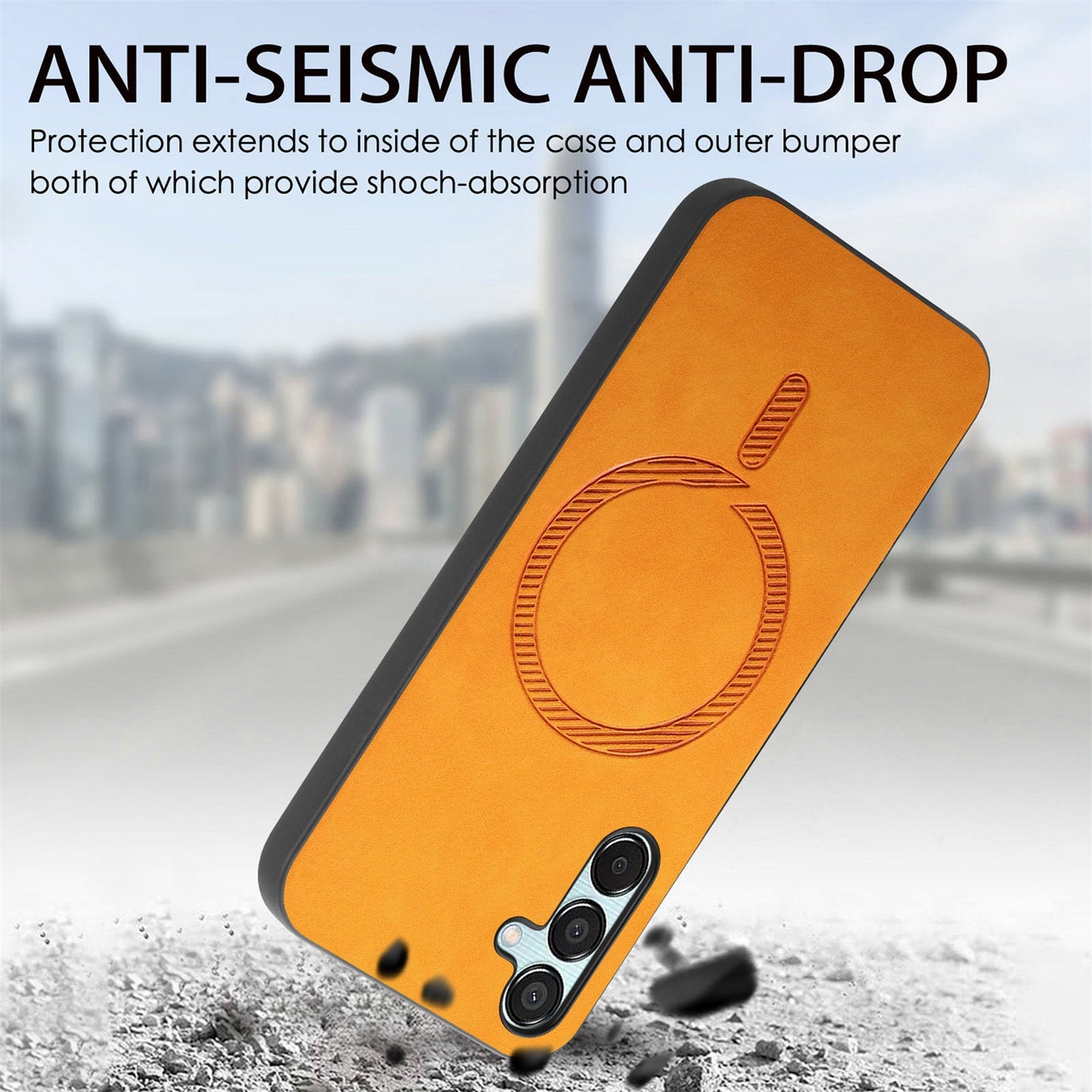 For Samsung Galaxy F15 5G Leather Back Case Compatible with MagSafe Skin-touch Phone Cover - Yellow