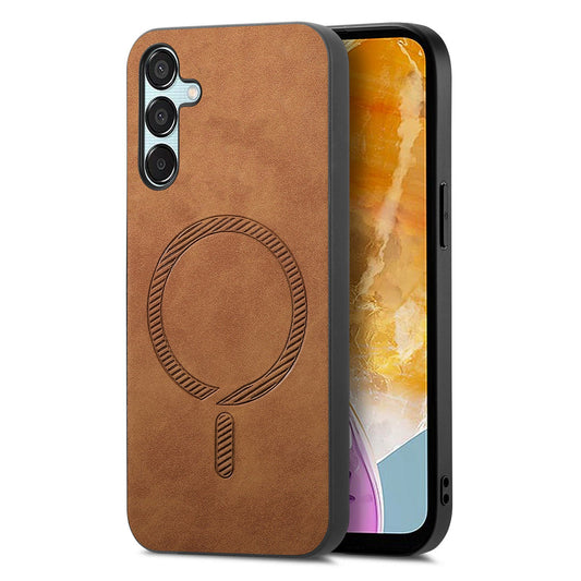For Samsung Galaxy F15 5G Leather Back Case Compatible with MagSafe Skin-touch Phone Cover - Brown