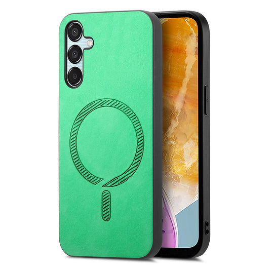 For Samsung Galaxy F15 5G Leather Back Case Compatible with MagSafe Skin-touch Phone Cover - Green
