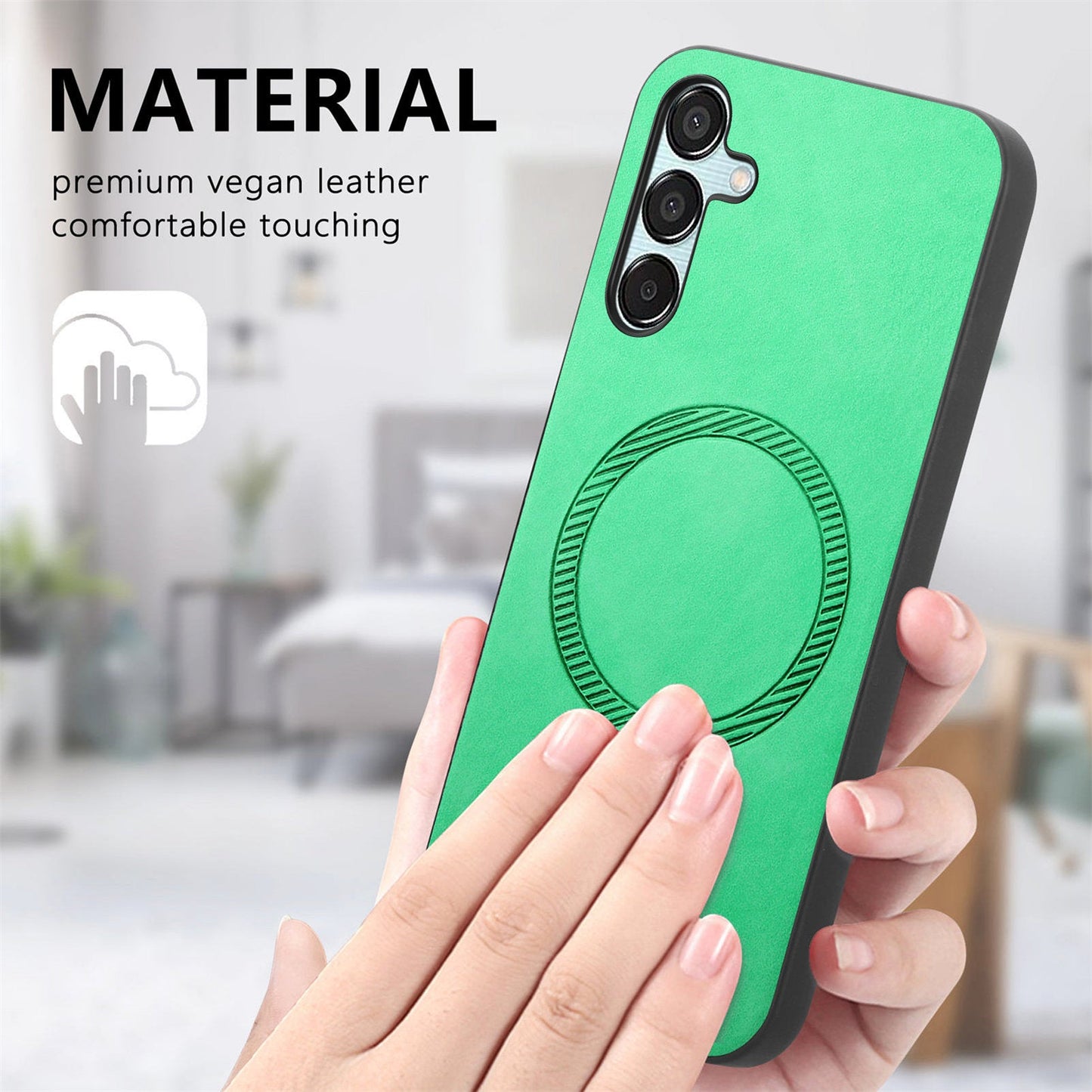 For Samsung Galaxy F15 5G Leather Back Case Compatible with MagSafe Skin-touch Phone Cover - Green