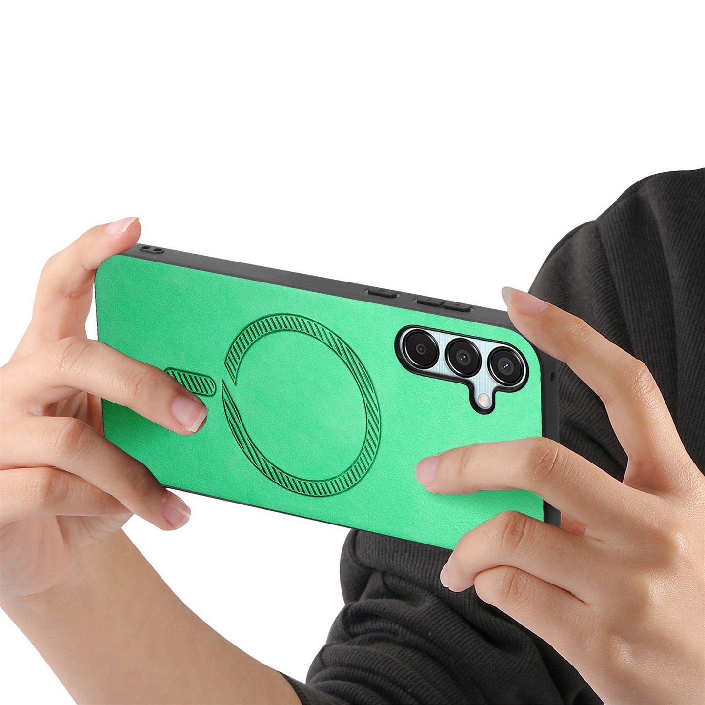 For Samsung Galaxy F15 5G Leather Back Case Compatible with MagSafe Skin-touch Phone Cover - Green