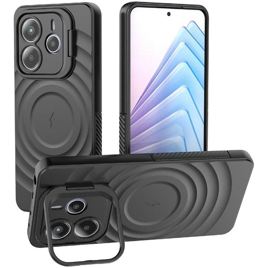 For Xiaomi Redmi Note 14 5G Case Compatible with MagSafe PC Kickstand Ripple Texture TPU Phone Cover - Black