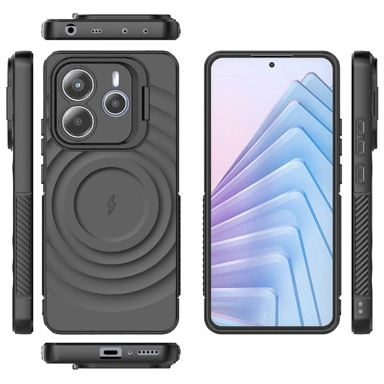 For Xiaomi Redmi Note 14 5G Case Compatible with MagSafe PC Kickstand Ripple Texture TPU Phone Cover - Black