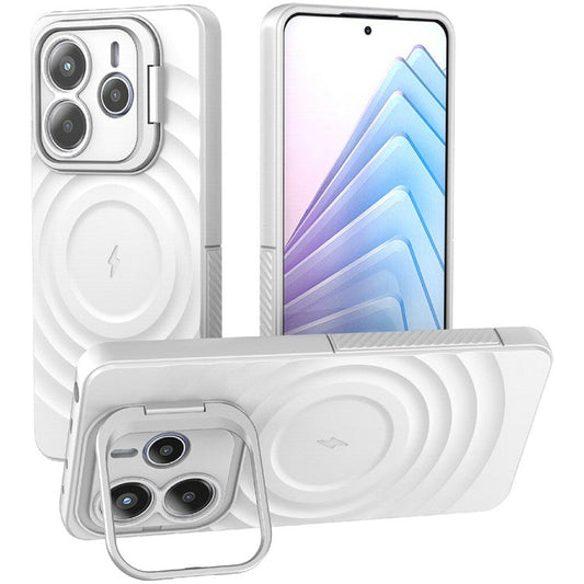 For Xiaomi Redmi Note 14 5G Case Compatible with MagSafe PC Kickstand Ripple Texture TPU Phone Cover - White