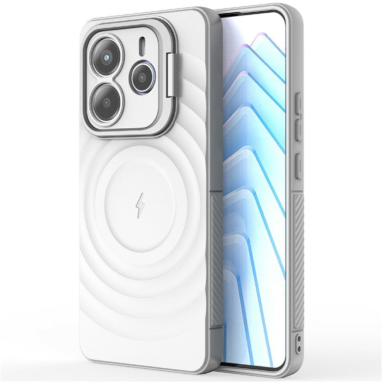 For Xiaomi Redmi Note 14 5G Case Compatible with MagSafe PC Kickstand Ripple Texture TPU Phone Cover - White