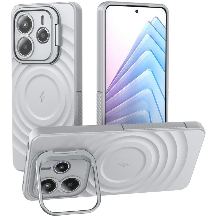 For Xiaomi Redmi Note 14 5G Case Compatible with MagSafe PC Kickstand Ripple Texture TPU Phone Cover - Grey