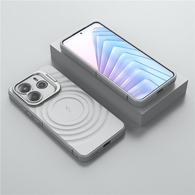 For Xiaomi Redmi Note 14 5G Case Compatible with MagSafe PC Kickstand Ripple Texture TPU Phone Cover - Grey