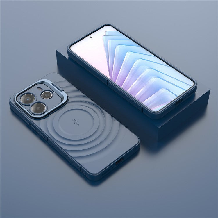 For Xiaomi Redmi Note 14 5G Case Compatible with MagSafe PC Kickstand Ripple Texture TPU Phone Cover - Blue