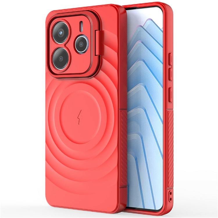 For Xiaomi Redmi Note 14 5G Case Compatible with MagSafe PC Kickstand Ripple Texture TPU Phone Cover - Red