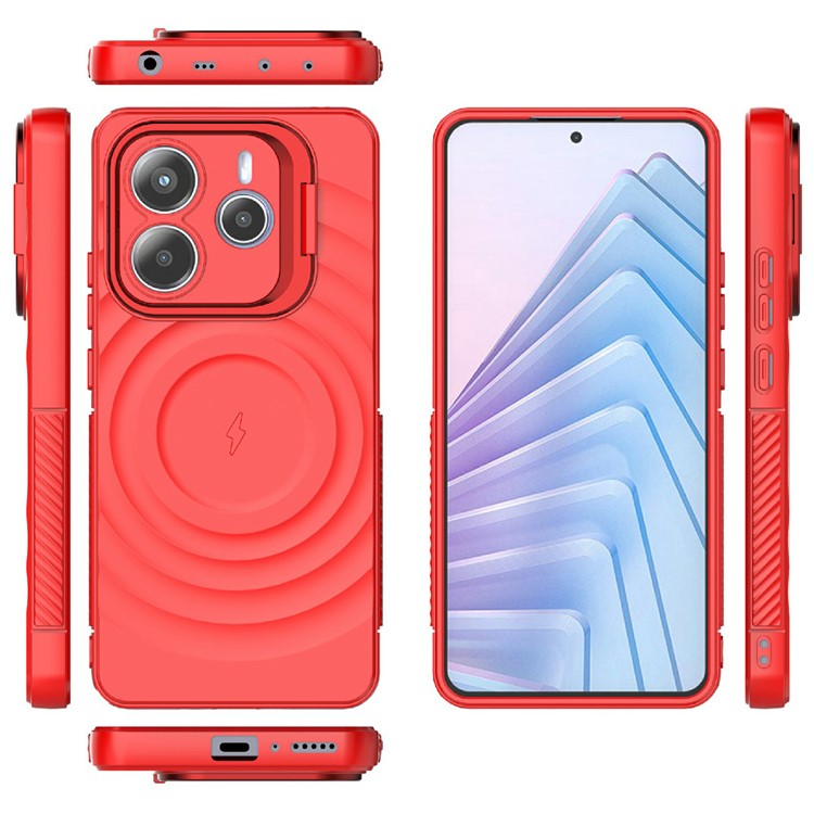 For Xiaomi Redmi Note 14 5G Case Compatible with MagSafe PC Kickstand Ripple Texture TPU Phone Cover - Red