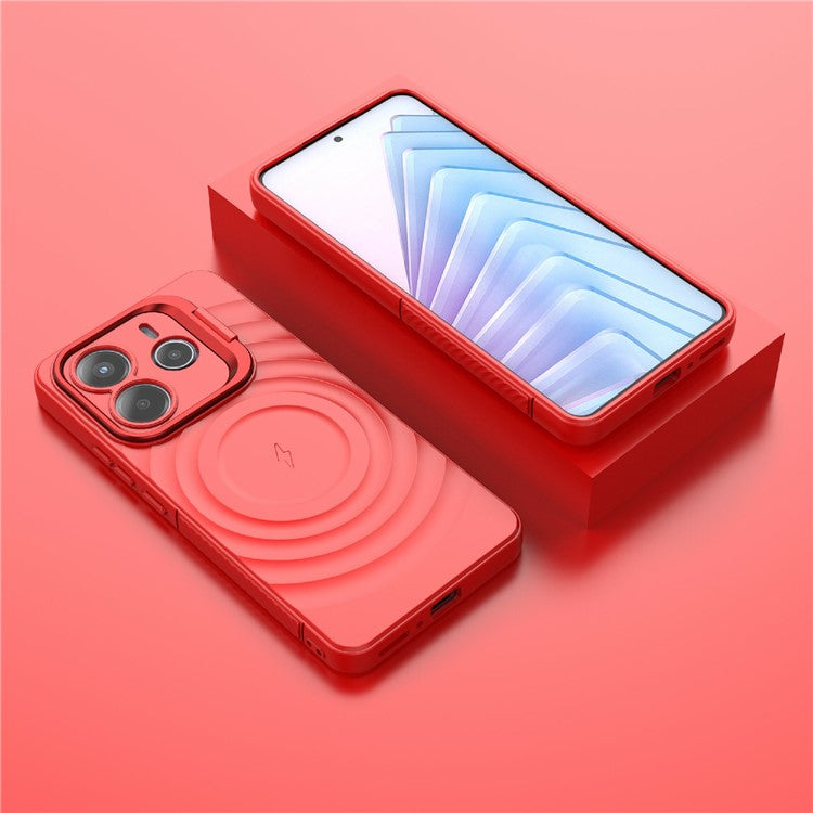 For Xiaomi Redmi Note 14 5G Case Compatible with MagSafe PC Kickstand Ripple Texture TPU Phone Cover - Red
