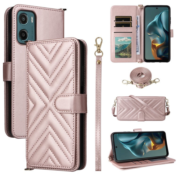 For Motorola Moto G05 4G  /  E15 4G Wallet Case with Shoulder Strap Leather Phone Cover - Pink