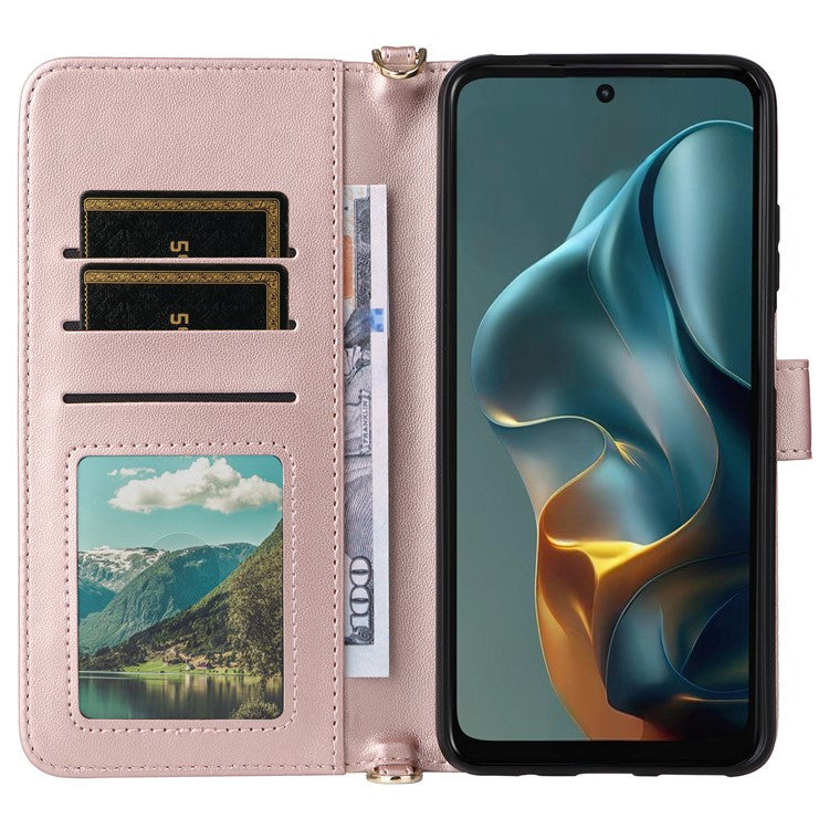 For Motorola Moto G05 4G  /  E15 4G Wallet Case with Shoulder Strap Leather Phone Cover - Pink