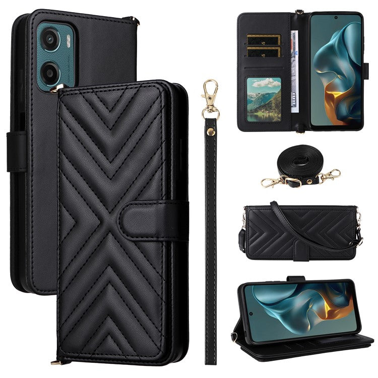 For Motorola Moto G05 4G  /  E15 4G Wallet Case with Shoulder Strap Leather Phone Cover - Black