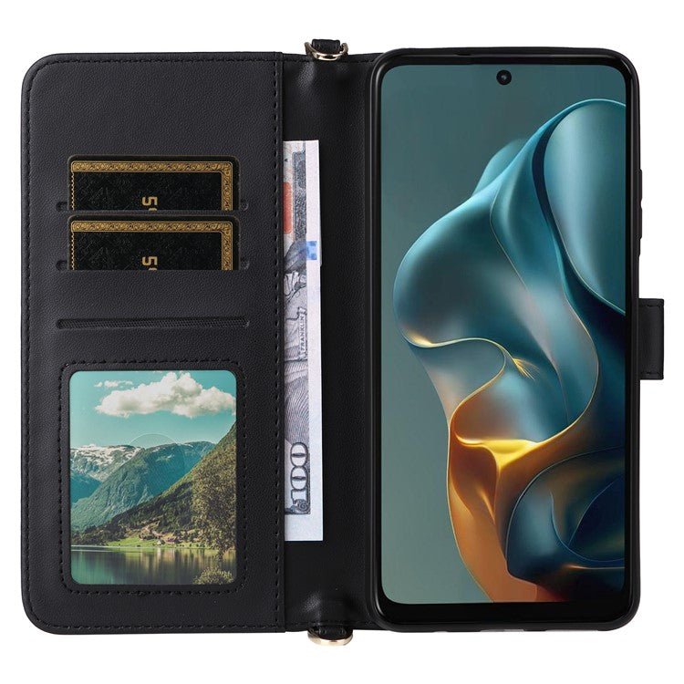 For Motorola Moto G05 4G  /  E15 4G Wallet Case with Shoulder Strap Leather Phone Cover - Black