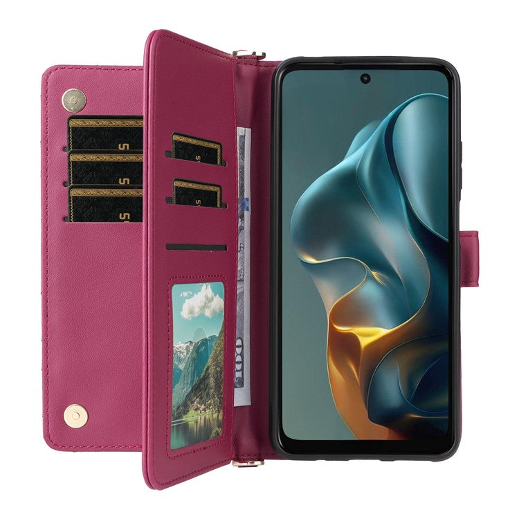 For Motorola Moto G05 4G  /  E15 4G Wallet Case with Shoulder Strap Leather Phone Cover - Rose