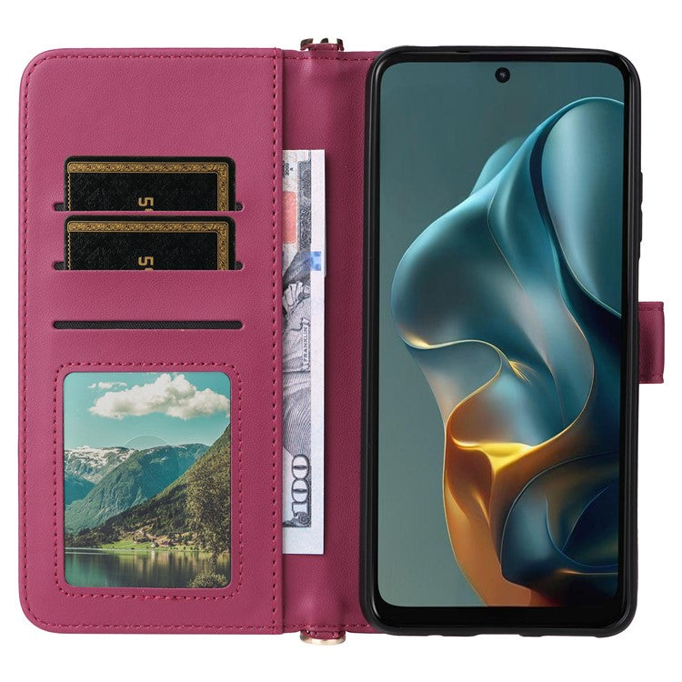 For Motorola Moto G05 4G  /  E15 4G Wallet Case with Shoulder Strap Leather Phone Cover - Rose