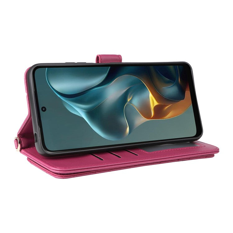 For Motorola Moto G05 4G  /  E15 4G Wallet Case with Shoulder Strap Leather Phone Cover - Rose