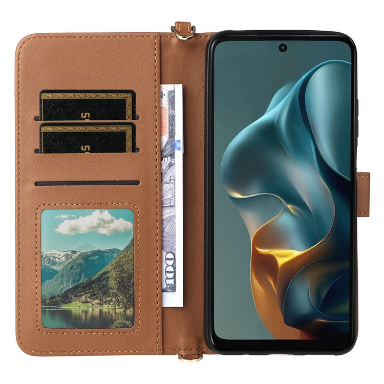 For Motorola Moto G05 4G  /  E15 4G Wallet Case with Shoulder Strap Leather Phone Cover - Brown