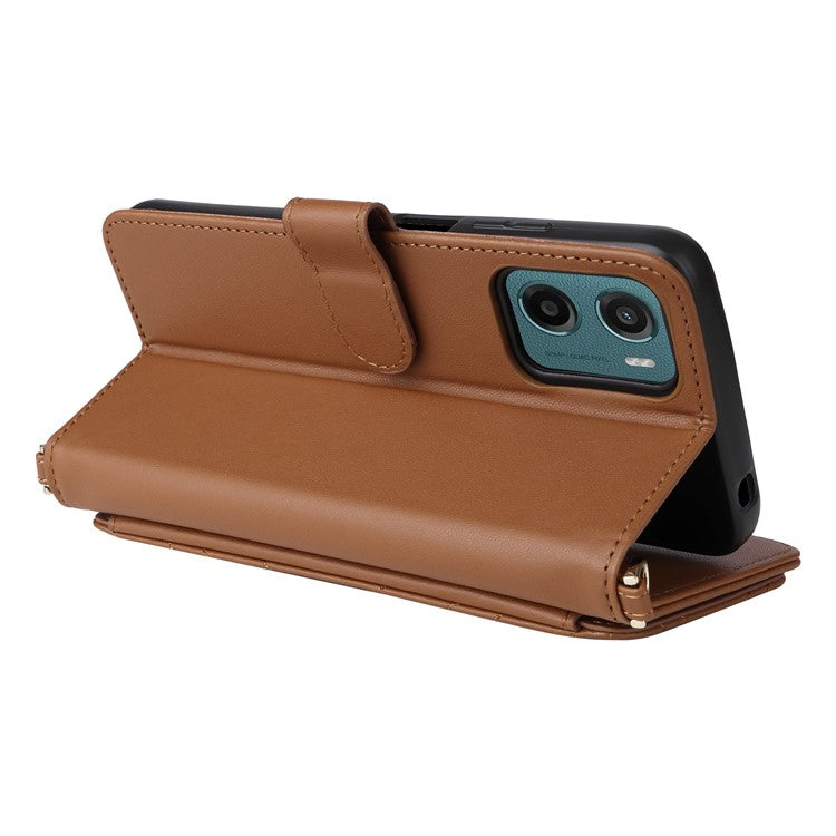 For Motorola Moto G05 4G  /  E15 4G Wallet Case with Shoulder Strap Leather Phone Cover - Brown