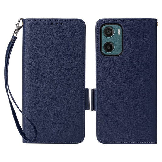 For Motorola Moto G05 4G  /  E15 4G Case Litchi Texture PU Leather Wallet Flip Phone Cover - Dark Blue