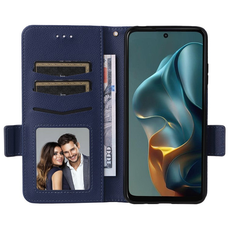 For Motorola Moto G05 4G  /  E15 4G Case Litchi Texture PU Leather Wallet Flip Phone Cover - Dark Blue