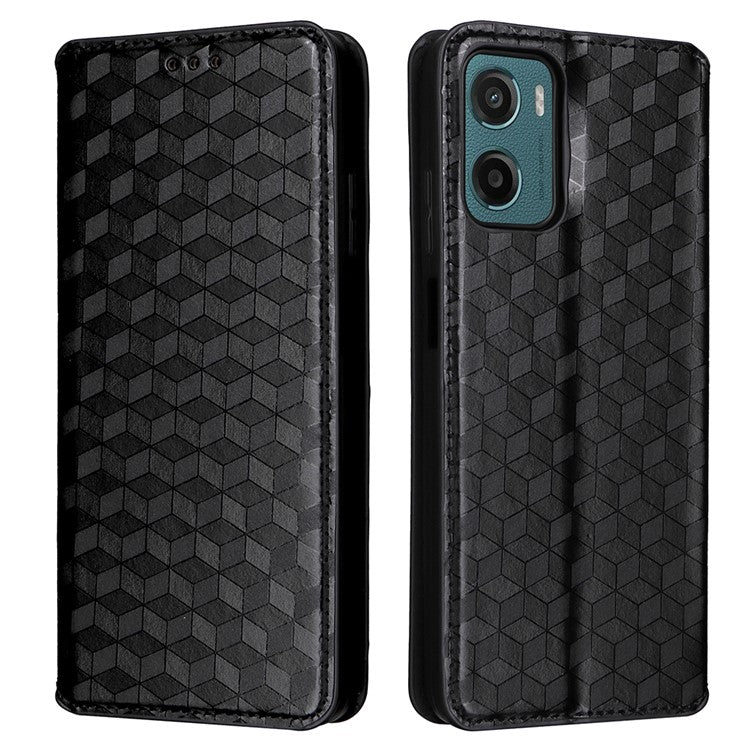 For Motorola Moto G05 4G  /  E15 4G Wallet Case Rhombus Imprinted Leather Phone Cover - Black