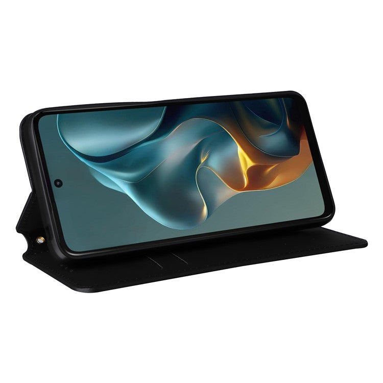 For Motorola Moto G05 4G  /  E15 4G Wallet Case Rhombus Imprinted Leather Phone Cover - Black