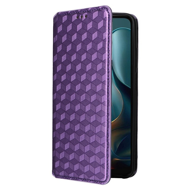 For Motorola Moto G05 4G  /  E15 4G Wallet Case Rhombus Imprinted Leather Phone Cover - Purple