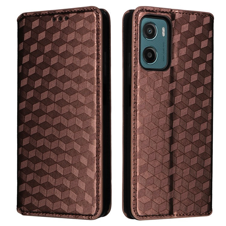For Motorola Moto G05 4G  /  E15 4G Wallet Case Rhombus Imprinted Leather Phone Cover - Brown