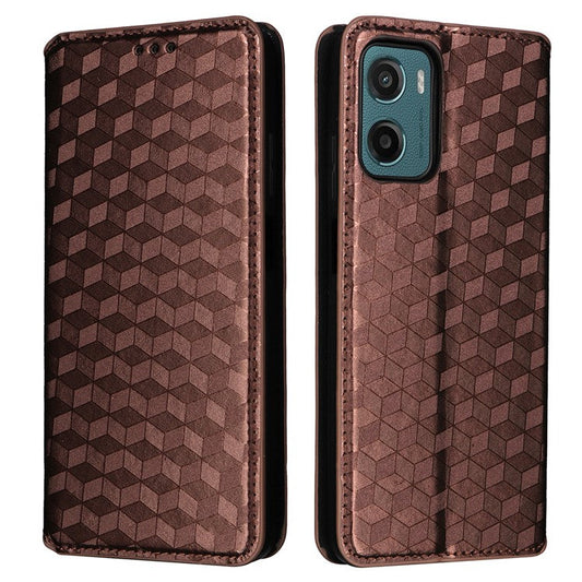 For Motorola Moto G05 4G  /  E15 4G Wallet Case Rhombus Imprinted Leather Phone Cover - Brown