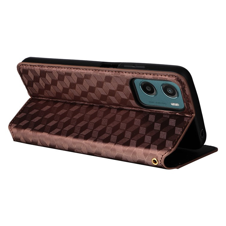 For Motorola Moto G05 4G  /  E15 4G Wallet Case Rhombus Imprinted Leather Phone Cover - Brown
