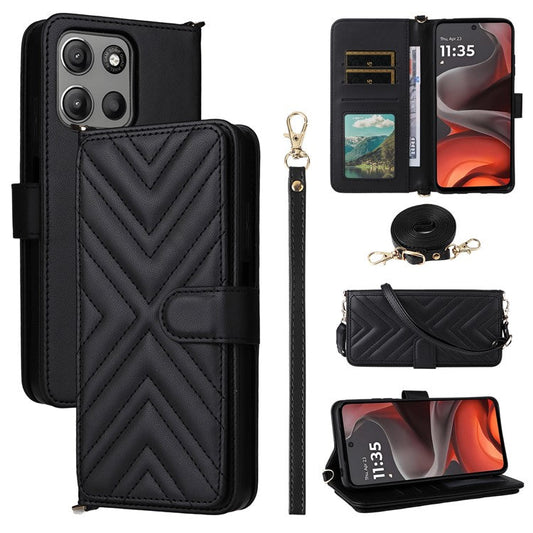 For Motorola Moto G15 Power 4G  /  G15 4G Wallet Case with Shoulder Strap Leather Phone Cover - Black