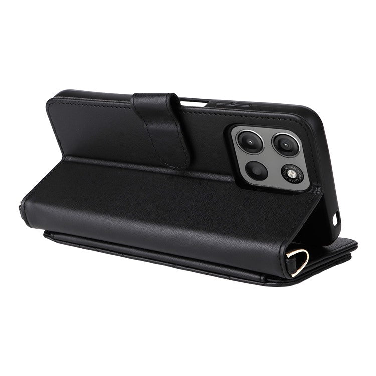 For Motorola Moto G15 Power 4G  /  G15 4G Wallet Case with Shoulder Strap Leather Phone Cover - Black