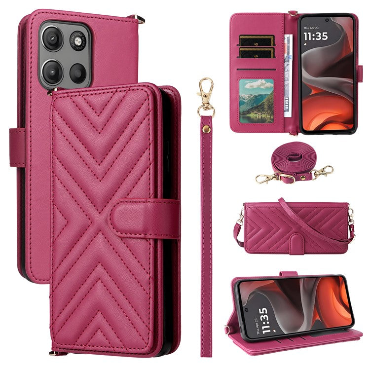 For Motorola Moto G15 Power 4G  /  G15 4G Wallet Case with Shoulder Strap Leather Phone Cover - Rose