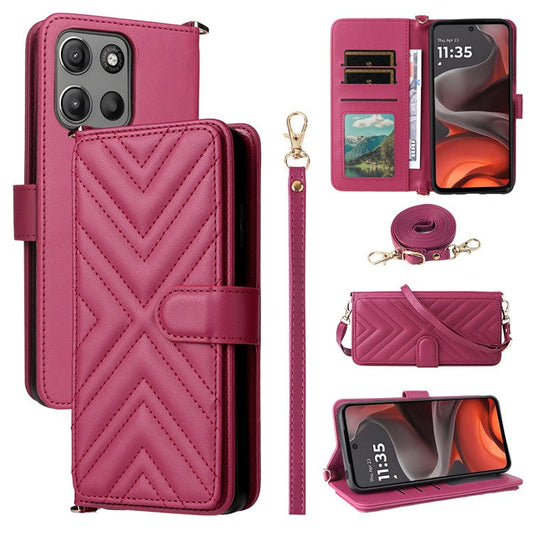 For Motorola Moto G15 Power 4G  /  G15 4G Wallet Case with Shoulder Strap Leather Phone Cover - Rose
