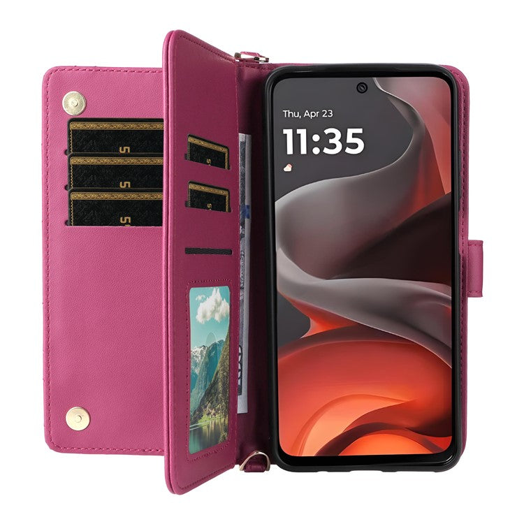For Motorola Moto G15 Power 4G  /  G15 4G Wallet Case with Shoulder Strap Leather Phone Cover - Rose