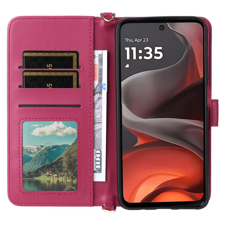 For Motorola Moto G15 Power 4G  /  G15 4G Wallet Case with Shoulder Strap Leather Phone Cover - Rose