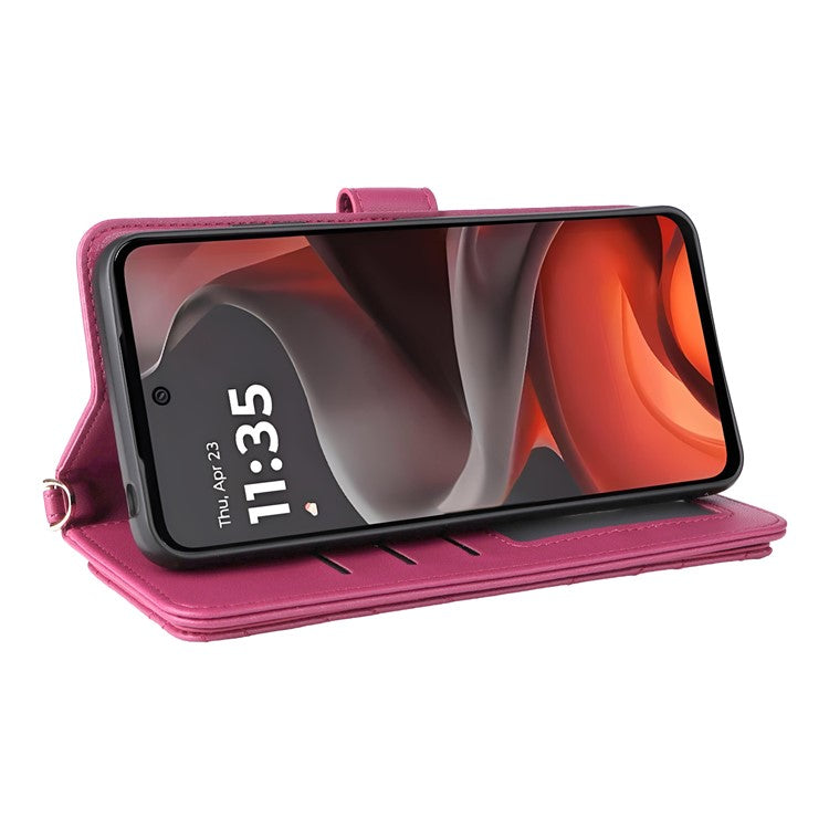For Motorola Moto G15 Power 4G  /  G15 4G Wallet Case with Shoulder Strap Leather Phone Cover - Rose