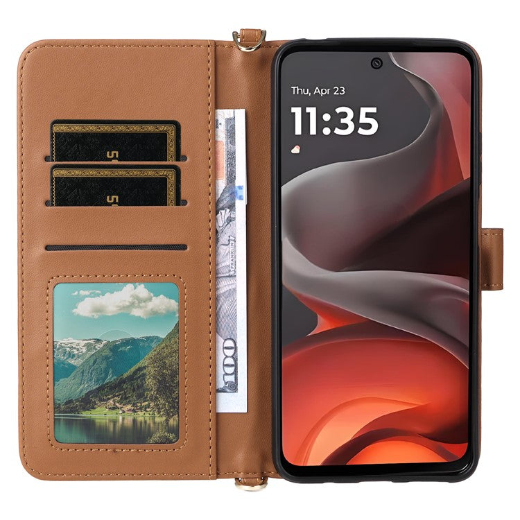 For Motorola Moto G15 Power 4G  /  G15 4G Wallet Case with Shoulder Strap Leather Phone Cover - Brown