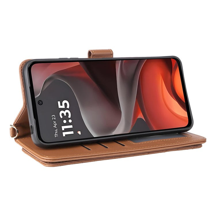 For Motorola Moto G15 Power 4G  /  G15 4G Wallet Case with Shoulder Strap Leather Phone Cover - Brown