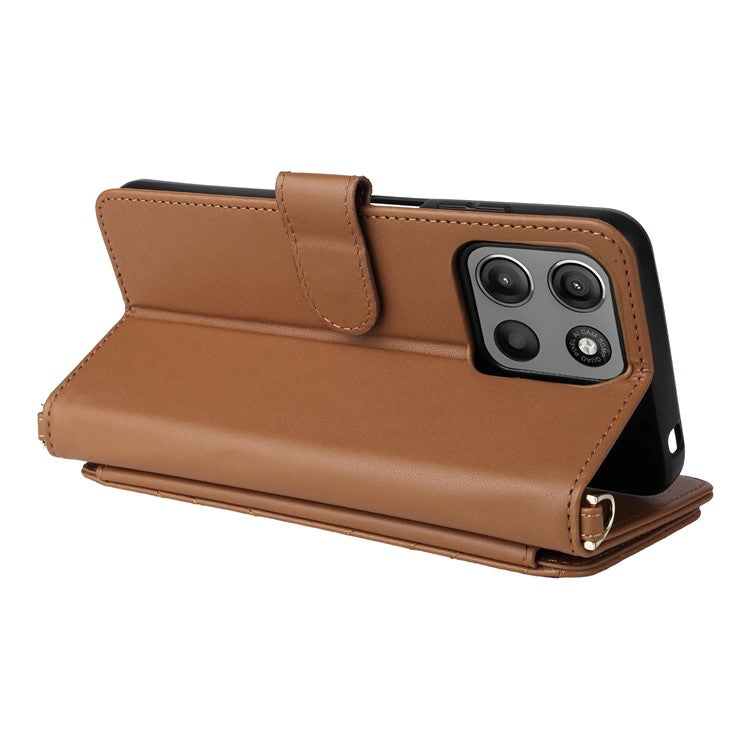 For Motorola Moto G15 Power 4G  /  G15 4G Wallet Case with Shoulder Strap Leather Phone Cover - Brown