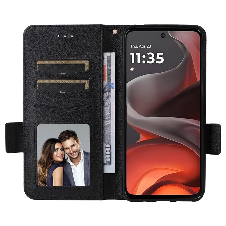 For Motorola Moto G15 Power 4G  /  G15 4G Case Litchi Texture PU Leather Wallet Flip Phone Cover - Black
