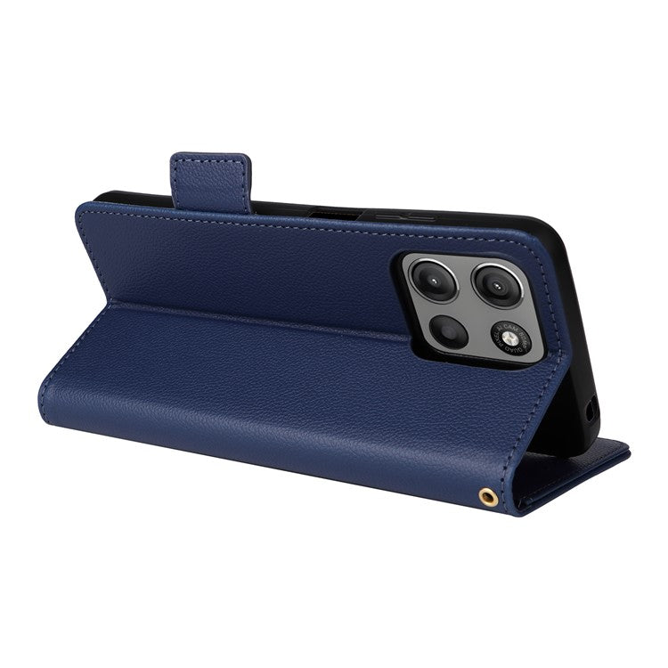For Motorola Moto G15 Power 4G  /  G15 4G Case Litchi Texture PU Leather Wallet Flip Phone Cover - Dark Blue