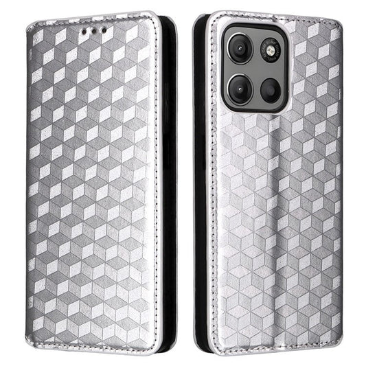 For Motorola Moto G15 Power 4G  /  G15 4G Wallet Case Rhombus Imprinted Leather Phone Cover - Silver