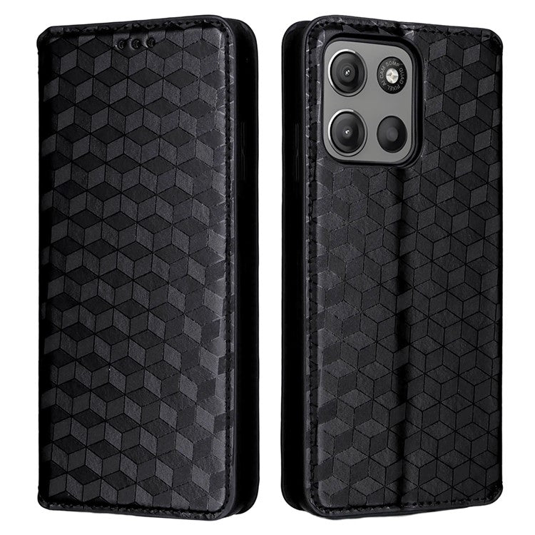 For Motorola Moto G15 Power 4G  /  G15 4G Wallet Case Rhombus Imprinted Leather Phone Cover - Black