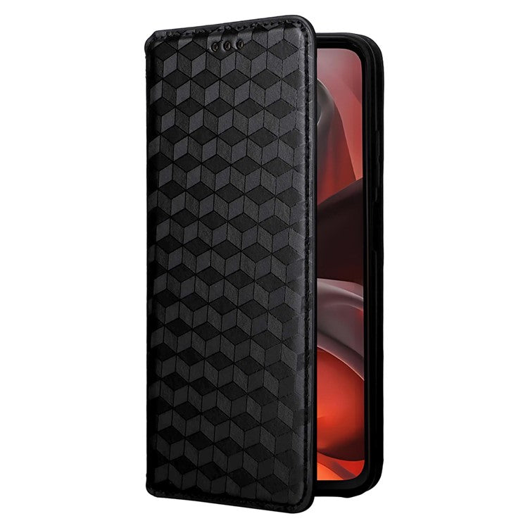 For Motorola Moto G15 Power 4G  /  G15 4G Wallet Case Rhombus Imprinted Leather Phone Cover - Black